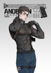  1boy anderain bara belt brown_hair commentary_request covered_abs covered_navel covered_nipples denim eyepatch gun harness jeans leather male_focus muscular muscular_male ombra_(anderain) original pants pectorals short_hair sideburns skin_tight solo weapon 