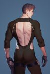  1boy anderain ass back_cutout bara bare_back black_bodysuit bodysuit brown_hair clothing_cutout commentary_request eyepatch feet_out_of_frame from_behind harness highres hip_vent looking_at_viewer looking_back male_focus muscular muscular_male ombra_(anderain) original revealing_clothes short_hair sideburns skin_tight solo 