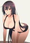  1girl bare_arms bare_legs bare_shoulders bikini black_bikini black_hair breasts cleavage closed_mouth collarbone eyebrows_visible_through_hair grey_background hair_between_eyes highres kantai_collection kasumi_(skchkko) large_breasts light_smile long_hair nagato_(kancolle) red_eyes solo swimsuit 