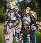  &gt;_o 2boys alina_james armor arrow_in_armor artist_name beard blonde_hair blood blood_on_face blue_eyes brown_eyes brown_hair cape closed_mouth day facial_hair green_cape hand_up headwear_removed helmet helmet_removed highres holding holding_helmet holding_shield injury male_focus multiple_boys one_eye_closed outdoors porco_galliard reiner_braun sheath sheathed shield shingeki_no_kyojin sideburns sword undercut weapon 