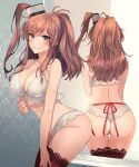  1girl arched_back ass bare_hips blue_eyes bra breasts cleavage curvy frilled_bra frilled_panties frills hat highres kantai_collection kasumi_(skchkko) large_breasts leaning_forward lingerie mirror panties red_hair saratoga_(kancolle) seductive_smile side_ponytail smile solo thigh_gap thighhighs thighs thong underwear 