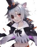  1girl animal_ears arknights bangs black_bow black_bowtie black_headwear bow bowtie capelet click_(arknights) click_(grave_thief)_(arknights) crop_top eyepatch hat highres looking_at_viewer midriff mouse_ears mouse_girl navel official_alternate_costume parted_lips red_eyes shirt short_hair silver_hair simple_background solo top_hat vhdtyzusixc7fai white_background white_shirt 