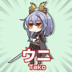 1girl akafuyu_(arknights) arknights bangs black_cape cape commentary crossed_bangs dog-san emphasis_lines high_ponytail holding holding_sword holding_weapon katana long_hair meme midriff pantyhose purple_hair red_eyes red_legwear solo standing sword translated weapon 