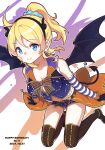  1girl ayase_eli bangs birthday blonde_hair blue_eyes blue_scrunchie boots breasts character_name cleavage commentary_request dated demon_horns demon_tail demon_wings elbow_gloves engawa_(rarenago) english_text eyebrows_visible_through_hair gloves halloween happy_birthday highres horns large_breasts long_hair looking_at_viewer love_live! love_live!_school_idol_project ponytail scrunchie shiny shiny_hair sidelocks smile solo tail thigh_boots thighhighs wings 