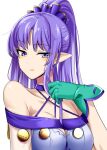  1girl between_breasts blush breasts choker cleavage doko_tetora dress fate/grand_order fate_(series) gloves green_gloves large_breasts long_hair medea_(lily)_(fate) off-shoulder_dress off_shoulder parted_lips pointy_ears ponytail purple_choker purple_dress purple_hair simple_background solo sweatdrop upper_body white_background 