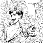  1boy anderain arms_at_sides bat_wings belial_(granblue_fantasy) demon_boy demon_wings evil_smile fang feather_boa foreshortening granblue_fantasy greyscale male_focus monochrome pectoral_cleavage pectorals red_eyes short_hair smile solo spot_color toned toned_male wings 