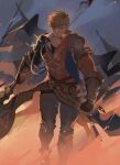  1boy armor axe bangs bara black_gloves blonde_hair boots closed_mouth gloves granblue_fantasy green_eyes higashigunkan holding holding_axe holding_weapon injury knight large_pectorals looking_at_viewer male_focus muscular muscular_male outdoors pauldrons pectorals short_hair shoulder_armor single_pauldron solo vambraces vane_(granblue_fantasy) weapon 