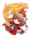  2boys ahat_(ragnarok_online) ahoge animal_ear_fluff animal_ears bangs blonde_hair blue_eyes blue_shirt blush boots brown_eyes brown_footwear brown_hair brown_pants cat_boy cat_ears cat_tail cheshire_(ragnarok_online) chibi cloak colored_eyelashes commentary_request eyebrows_visible_through_hair full_body hair_between_eyes long_hair long_sleeves looking_at_viewer male_focus manoji medium_hair multiple_boys open_mouth pants ragnarok_online red_cloak red_robe shirt sidelocks simple_background tail twitter_username white_background 