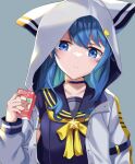  1girl animal_hood apple_juice bangs black_sailor_collar black_shirt blue_eyes blue_hair cat_hood choker collarbone commentary drink drinking_straw earrings eyebrows_visible_through_hair gekka_(luna_gekka) highres holding holding_drink hololive hood hood_up hooded_jacket hoshimachi_suisei jacket jewelry juice_box long_hair looking_at_viewer neckerchief open_clothes open_jacket sailor_collar shirt solo star_(symbol) star_in_eye symbol_in_eye virtual_youtuber white_jacket yellow_neckerchief 