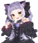  1girl :d absurdres animal_ear_fluff animal_ears bangs black_dress black_ribbon blush cat_ears commentary_request dress fang frilled_dress frilled_ribbon frilled_sleeves frills hair_ribbon highres hololive long_hair long_sleeves looking_at_viewer murasaki_shion noi_mine open_mouth paw_pose ribbon short_eyebrows silver_hair simple_background skin_fang smile solo thick_eyebrows twintails upper_body v-shaped_eyebrows virtual_youtuber white_background wide_sleeves yellow_eyes 