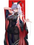  1girl aegir_(azur_lane) asymmetrical_footwear azur_lane bare_shoulders black_cape bodystocking boots breast_curtains breasts cape covered_navel cross cross-laced_clothes demon_horns hair_in_mouth hair_on_horn hair_over_breasts highres horns impossible_clothes iron_cross knee_boots large_breasts long_hair multicolored_hair red_background red_hair silver_hair single_knee_boot skin_tight skindentation solo standing streaked_hair two-tone_background two-tone_hair underbust uneven_footwear very_long_hair white_background y_yion yellow_eyes 