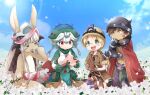  1boy 3girls absurdres animal_ears artist_name bangs blonde_hair brown_gloves brown_hair brown_headwear brown_jacket cape commentary covered_mouth eyebrows_visible_through_hair flower furry glasses gloves green_eyes green_neckwear hand_on_own_face happy hat helmet highres jacket long_hair made_in_abyss mechanical_arms meinya_(made_in_abyss) multiple_girls nanachi_(made_in_abyss) on_ground outdoors prushka red_eyes regu_(made_in_abyss) riko_(made_in_abyss) robot ryuka seiza shirt short_hair signature sitting smile teeth upper_teeth white_hair white_shirt yellow_eyes 