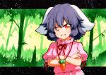  1girl :d animal_ears bamboo bamboo_forest black_hair blush_stickers carrot_necklace crossed_arms dress eyebrows_visible_through_hair forest green_background inaba_tewi looking_at_viewer multicolored_eyes nature neck_ribbon open_mouth orange_eyes outdoors pink_dress puffy_short_sleeves puffy_sleeves qqqrinkappp rabbit_ears red_neckwear red_ribbon ribbon short_hair short_sleeves smile solo touhou traditional_media upper_body v-shaped_eyebrows 