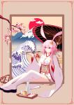  1girl absurdres alcohol animal_ears bangs beige_background branch cherry_blossoms cup dress drinking_glass flip-flops fox_ears full_body goblet hair_between_eyes hair_ornament highres holding holding_umbrella honkai_(series) honkai_impact_3rd japanese_clothes kimono kiseru long_sleeves mochimochi_qwq mountain oil-paper_umbrella painting_(object) petals pink_hair pipe purple_eyes sandals simple_background sitting smoking solo sun tray umbrella water wedding_dress white_kimono white_legwear wind_chime wine wine_glass yae_sakura yae_sakura_(gyakushinn_miko) 