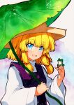  1girl :d animal_on_hand bangs blonde_hair blue_eyes blush breasts brown_headwear eyebrows_visible_through_hair frog hair_ribbon hat leaf_umbrella long_sleeves looking_at_viewer medium_hair moriya_suwako open_mouth purple_vest qqqrinkappp red_ribbon ribbon shirt small_breasts smile solo touhou traditional_media turtleneck upper_body vest white_shirt wide_sleeves 