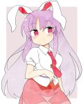  1girl animal_ears bangs border brown_background carrot_pin closed_mouth collared_shirt commentary cowboy_shot eyebrows_visible_through_hair highres ini_(inunabe00) long_hair looking_at_viewer necktie pink_skirt puffy_short_sleeves puffy_sleeves purple_hair rabbit_ears red_eyes red_necktie reisen_udongein_inaba shirt short_sleeves simple_background skirt solo standing touhou white_border white_shirt 