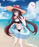  1girl bangs beach bikini black_bikini bow breasts brown_eyes cleavage cloud genshin_impact ghost hat hat_bow highres hu_tao_(genshin_impact) hyafumi innertube leaning_forward long_hair ocean parted_hair red_bow sky small_breasts smile solo straw_hat swimsuit symbol-shaped_pupils tongue tongue_out very_long_hair 