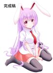  1girl absurdres animal_ears bangs belt black_legwear blush breasts carrot_pin collared_shirt commentary_request eyebrows_visible_through_hair hands_on_ground highres large_breasts long_hair looking_at_viewer miniskirt necktie pink_skirt purple_hair rabbit_ears red_belt red_eyes red_necktie reimei_(r758120518) reisen_udongein_inaba shirt short_sleeves sidelocks simple_background sitting skirt smile solo thighhighs touhou wariza white_background wing_collar 