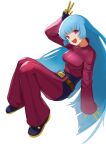  1girl :d bangs belt blue_hair bodysuit bodysuit_under_clothes cropped_jacket eyebrows_visible_through_hair flasso full_body jacket kula_diamond long_hair long_sleeves looking_at_viewer open_mouth red_eyes red_jacket smile solo teeth the_king_of_fighters the_king_of_fighters_2000 upper_teeth very_long_hair white_background 