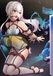 1girl arms_behind_back ball_gag bangs bare_arms bdsm blue_eyes bondage bound bound_arms bow breasts chest_harness chinese_commentary cleavage commentary_request eyebrows_visible_through_hair gag gagged glasses hair_between_eyes hair_bow harness highres honkai_(series) honkai_impact_3rd kneeling long_hair looking_to_the_side medium_breasts no_shoes one-piece_swimsuit restrained robot saliva see-through side_ponytail sidelocks swimsuit theresa_apocalypse thighhighs white_hair white_legwear yiduan_zhu 