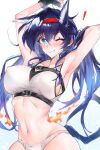  ! 1girl :3 animal_ears arknights armpits arms_up black_gloves blaze_(arknights) blue_background blue_eyes blue_hair blush bra breasts cat_ears cat_girl cat_tail cleavage closed_mouth commentary covered_nipples cowboy_shot eyebrows_visible_through_hair eyelashes fang fingerless_gloves fire gloves gradient gradient_background groin hair_between_eyes hairband hand_in_hair highres kaguura_(kagu) large_breasts long_hair looking_at_viewer navel one_eye_closed panties partially_undressed ribs see-through sideboob simple_background single_hair_intake smile solo sports_bra steaming_body stomach stretch sweat tail underwear wet wet_clothes white_background white_bra white_panties 