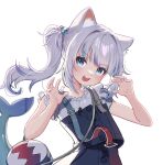  1girl :d animal_ear_fluff animal_ears bangs black_dress blue_eyes blue_hair blue_nails blush cat_ears claw_pose commentary dress eyebrows_visible_through_hair gawr_gura hair_cubes hair_ornament hands_up hololive hololive_english long_hair looking_at_viewer multicolored_hair nail_polish romaji_commentary seoki_(hi3031) sharp_teeth shirt side_ponytail simple_background sleeveless sleeveless_dress smile solo streaked_hair teeth upper_body v-shaped_eyebrows virtual_youtuber white_background white_shirt 
