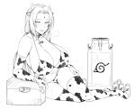  1girl animal_ears animal_print arm_support bell bikini blush bottle breasts cleavage cow cow_ears cow_girl cow_horns cow_print cowbell greyscale highres horns huge_breasts long_hair looking_at_viewer mature_female milk_bottle milk_churn monochrome naruto naruto_(series) naruto_shippuuden parted_lips print_bikini seductive_smile sitting smile solo swimsuit tsunade_(naruto) yakimi_27 