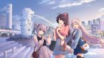  3girls :d bag black_vest blue_eyes blue_shirt blue_skirt blue_sky braid bronya_zaychik building casual closed_eyes closed_mouth cloud cloudy_sky commentary_request dress drill_hair fountain grey_eyes grey_hair hair_ribbon highres homu_(honkai_impact) honkai_(series) honkai_impact_3rd keychain kiana_kaslana long_hair looking_at_viewer merlion multiple_girls one_eye_closed open_mouth outdoors pink_shirt ponytail purple_eyes purple_hair raiden_mei ribbon shirt shoulder_bag singapore skirt sky skyscraper sleeves_past_elbows smile stairs tsuruki_noki twin_drills vest water white_dress white_hair white_skirt 