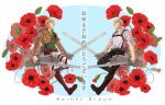  2boys blonde_hair boots clone cropped_jacket crossed_swords floral_background flower full_body green_shirt happy_birthday holding holding_sword holding_weapon jacket leather leather_boots leather_jacket male_focus multiple_boys nene_(10575936) pants paradis_military_uniform poppy_(flower) red_flower reiner_braun shingeki_no_kyojin shirt short_hair smile sword three-dimensional_maneuver_gear translated weapon white_pants 