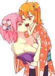  2girls ;) bangs bare_shoulders blush breasts candy chocolate closed_eyes commentary eyebrows_visible_through_hair fate/grand_order fate_(series) flower food fujimaru_ritsuka_(female) hair_between_eyes hair_flower hair_ornament heart heart-shaped_chocolate hug japanese_clothes kimono large_breasts mash_kyrielight mouth_hold multiple_girls off_shoulder one_eye_closed orange_eyes orange_hair pink_hair rtil shared_food short_hair simple_background smile white_background yuri 