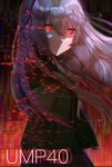  1girl bangs black_ribbon black_shirt black_skirt character_name closed_mouth commentary_request eyebrows_visible_through_hair from_side girls&#039;_frontline glitch glowing glowing_eyes green_jacket hair_between_eyes hair_ornament hair_ribbon highres jacket long_hair looking_at_viewer open_clothes open_jacket pink_hair red_eyes ribbon shirt skirt solo ump40_(girls&#039;_frontline) upper_body yossi_art 