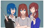  3girls aozaki_aoko bangs black_jacket blue_eyes blue_hair blue_jacket blush brown_eyes brown_hair ciel_(tsukihime) closed_eyes collarbone collared_shirt commentary_request crossed_arms eyebrows_visible_through_hair hair_between_eyes hair_intakes hair_ornament hair_scrunchie heart highres holding holding_pointer jacket long_hair long_sleeves looking_at_another looking_at_viewer multiple_girls noel_(tsukihime) one_eye_closed open_clothes open_jacket open_mouth parted_lips pikaremon pointer ponytail scrunchie shirt short_hair short_sleeves side_ponytail sidelocks smile sweatdrop t-shirt teacher teeth tongue trait_connection tsukihime tsukihime_(remake) upper_body upper_teeth very_long_hair white_shirt 