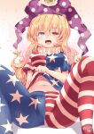  1girl absurdres alternate_color american_flag_dress american_flag_legwear blonde_hair clownpiece fairy_wings fang hat heterochromia highres jester_cap kemo_chiharu long_hair mismatched_pupils mismatched_sclera multicolored_eyes neck_ruff pantyhose touhou very_long_hair wings 