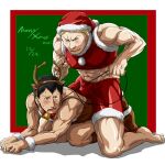  2boys abs alternate_costume animal_costume antlers bare_arms bare_shoulders bertolt_hoover black_hair blonde_hair blush bulge christmas covered_nipples dark-skinned_male dark_skin embarrassed full_body hat male_focus midriff multiple_boys muscular muscular_male navel on_person pectorals reindeer_antlers reindeer_costume reiner_braun santa_costume santa_hat sexually_suggestive shingeki_no_kyojin short_hair sitting sitting_on_person sleeveless thighs toned toned_male yaoi zyunya 