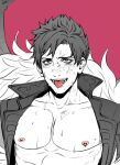  1boy ahegao anderain bare_pectorals bat_wing belial_(granblue_fantasy) black_hair blush demon_wings feather_boa granblue_fantasy male_focus nipples out-of-frame_censoring pectorals sexually_suggestive short_hair solo sweat toned toned_male upper_body wings 