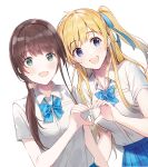  2girls :d bangs blonde_hair blue_bow blue_bowtie blue_eyes blue_ribbon blue_skirt blush bobujirou bow bowtie breast_pocket breasts brown_hair chitose-kun_wa_ramune_bin_no_naka collared_shirt commentary_request dutch_angle earrings eyebrows_visible_through_hair fingernails green_eyes hair_ornament hair_over_shoulder hair_ribbon hair_scrunchie heart heart_hands heart_hands_duo highres hiiragi_yuuko jewelry long_hair looking_at_viewer loose_bowtie low_ponytail medium_breasts multiple_girls official_art one_side_up open_mouth plaid plaid_skirt pleated_skirt pocket ponytail ribbon school_uniform scrunchie second-party_source shirt shirt_tucked_in short_sleeves simple_background skirt smile striped striped_bow striped_bowtie stud_earrings summer_uniform uchida_yua upper_body weee_(raemz) white_background white_shirt wing_collar 