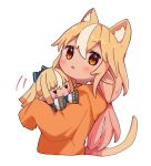  1girl animal_ear_fluff animal_ears blonde_hair blush cat_ears cat_girl cat_tail character_doll commentary_request cropped_torso dark-skinned_female dark_skin hololive hood hood_down hoodie kemonomimi_mode long_hair long_sleeves low_twintails multicolored_hair orange_hoodie red_eyes sasaki_(glass1138) shiranui_flare simple_background sleeves_past_fingers sleeves_past_wrists solo streaked_hair tail twintails upper_body very_long_hair virtual_youtuber white_background white_hair 
