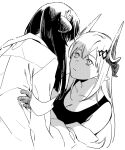  2girls animal_ears arknights bare_shoulders carrying cat_ears cat_girl closed_mouth demon_girl demon_horns elite_ii_(arknights) folinic_(arknights) greyscale hair_ornament hairclip hands_on_another&#039;s_hips horns long_hair looking_up monochrome mudrock_(arknights) multiple_girls off_shoulder pointy_ears since2019 tank_top 
