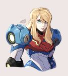 1girl alaynakgray arm_cannon armor bangs blonde_hair blue_eyes hair_down highres long_hair looking_at_viewer metroid metroid_dread mole mole_under_mouth power_armor power_suit samus_aran science_fiction sidelocks simple_background solo upper_body weapon 