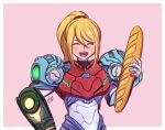  1girl :d arm_cannon armor baguette bangs blonde_hair bread closed_eyes food hand_on_hip holding holding_food lauceryse long_hair looking_at_viewer metroid metroid_dread mole mole_under_mouth no_headwear no_helmet open_mouth pink_background ponytail power_armor power_suit pun samus_aran science_fiction simple_background smile solo upper_body weapon 