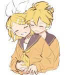  1boy 1girl arms_around_waist bangs black_collar blonde_hair bow closed_eyes collar commentary grin hair_bow hair_ornament hairclip headphones highres hug hug_from_behind kagamine_len kagamine_rin light_blush m0ti neckerchief orange_sweater sailor_collar short_hair short_ponytail sketch smile spiked_hair sweater swept_bangs twitter_username upper_body vocaloid wavy_mouth white_background white_bow yellow_neckerchief 