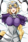  1girl :d armor blonde_hair braid breasts doko_tetora fate/apocrypha fate_(series) faulds gauntlets hands_up jeanne_d&#039;arc_(fate) jeanne_d&#039;arc_(fate/apocrypha) large_breasts long_hair looking_at_viewer lying on_back purple_eyes short_sleeves single_braid smile solo textless 