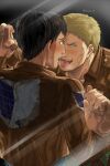  2boys :p against_glass back bertolt_hoover black_hair blonde_hair blush breath cropped_jacket dark-skinned_male dark_skin from_behind holding_hands imminent_kiss jacket leather leather_jacket looking_at_viewer male_focus multiple_boys paradis_military_uniform reiner_braun shingeki_no_kyojin short_hair sweatdrop three-dimensional_maneuver_gear tongue tongue_out upper_body yaoi zyunya 