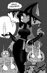  1girl absurdres black_dress black_hair candle closed_mouth commentary dress english_commentary english_text fingerless_gloves gloves greyscale halloween halloween_costume hat highres holding jack-o&#039;-lantern jaggy_line leaf looking_at_viewer monochrome multicolored_hair noss_(rariatto) original rariatto_(ganguri) shawl speech_bubble streaked_hair witch_hat 