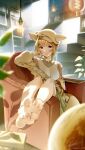  1girl animal_ears ankle_ribbon anklet barefoot beige_jacket blonde_hair blush bookshelf braid breasts casino_(casinoep) casual closed_mouth eyebrows_visible_through_hair feet foot_focus foreshortening fox_ears fox_girl french_braid green_skirt hat hat_with_ears heart heart-shaped_pupils high-waist_skirt highres hololive indoors jewelry long_sleeves looking_at_viewer medium_breasts off_shoulder official_alternate_costume omaru_polka puffy_long_sleeves puffy_sleeves ribbon signature sitting skirt smile soles solo symbol-shaped_pupils toes twitter_username virtual_youtuber 