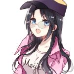  1girl :o bangs baseball_cap black_hair blue_eyes casual glasses hat highres idolmaster idolmaster_shiny_colors jacket long_hair long_sleeves looking_at_viewer mitsumine_yuika open_mouth pink_jacket purple_headwear rico_tta shirt simple_background solo white_background white_shirt 