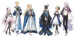  2boys 4girls ahoge arthur_pendragon_(fate) artoria_pendragon_(fate) artoria_pendragon_(lancer)_(fate) blonde_hair breasts detached_sleeves dress eyebrows_visible_through_hair fate/grand_order fate_(series) flower formal full_body gloves hair_between_eyes hair_flower hair_ornament hat high_heels highres large_breasts lindanyunyu long_hair long_sleeves looking_at_viewer merlin_(fate) merlin_(fate/prototype) morgan_le_fay_(fate) multiple_boys multiple_girls pantyhose ponytail saber simple_background standing suit thighhighs veil very_long_hair white_background white_hair 