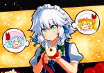  &gt;_&lt; 1girl :d apple bangs blonde_hair blue_hair bow braid closed_mouth eyebrows_visible_through_hair fang flandre_scarlet food fruit green_bow green_eyes grey_hair hair_bow hat holding holding_food holding_fruit holding_knife izayoi_sakuya knife looking_at_viewer maid maid_headdress mob_cap multicolored_eyes one_side_up open_mouth peeling pink_headwear puffy_short_sleeves puffy_sleeves qqqrinkappp red_apple remilia_scarlet short_hair short_sleeves side_braids skin_fang smile solid_oval_eyes solo thought_bubble touhou traditional_media twin_braids upper_body white_headwear xd yellow_background 