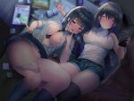  2girls bandouruka black_hair blush breasts closed_eyes cum cum_in_pussy finger_to_mouth large_breasts looking_at_viewer lying multiple_girls necktie nipples on_back open_clothes open_mouth original panties panties_around_one_leg pulled_by_self school_uniform see-through see-through_shirt shirt shorts sleeveless sleeveless_turtleneck thighs turtleneck underwear uniform white_shirt 