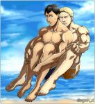  2boys alternate_costume beach behind_another bertolt_hoover between_legs black_hair blonde_hair blue_male_swimwear casual cloud cloudy_sky collarbone commentary_request dark-skinned_male dark_skin male_focus male_swimwear multiple_boys orange_male_swimwear pectorals reiner_braun shingeki_no_kyojin short_hair sitting sky smile sweatdrop swim_trunks toned toned_male topless_male water yaoi zyunya 